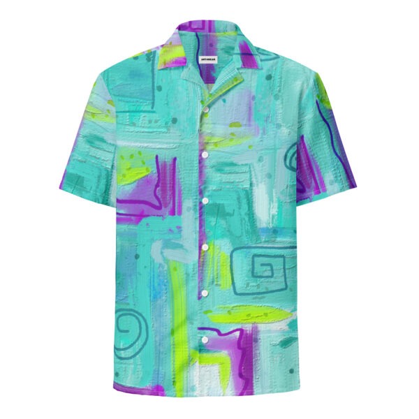 Short sleeve, button shirt. Turquoise and lavender.